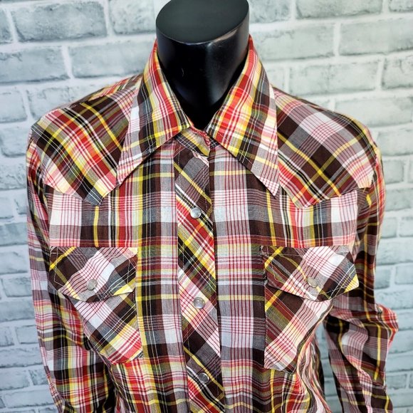 Vintage 70s 80s Kmart Womens 36 Lightweight Plaid Pearl Snap L/S Western Shirt - Picture 2 of 9
